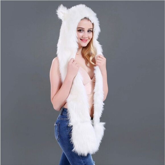 Faux Fur Hat Hood Scarf Full Pockets Ear Flat Cap Hoodie Winter Party Costume main image 5